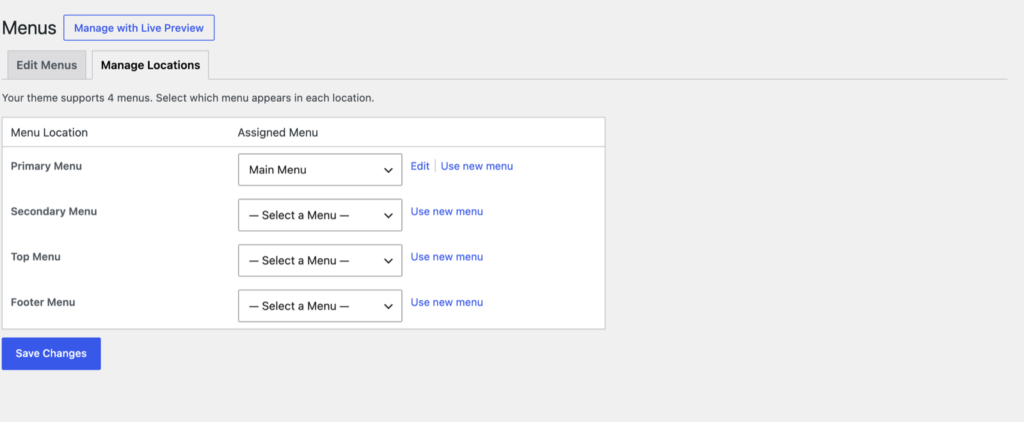 Appearance → Menus → Manage Locations