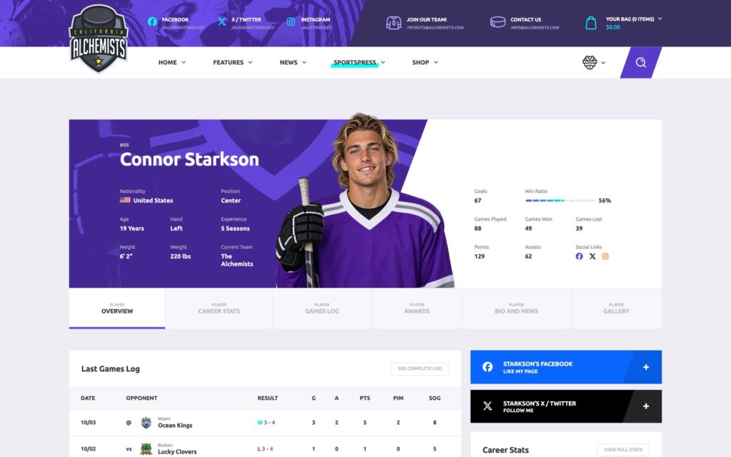 Hockey design: player page