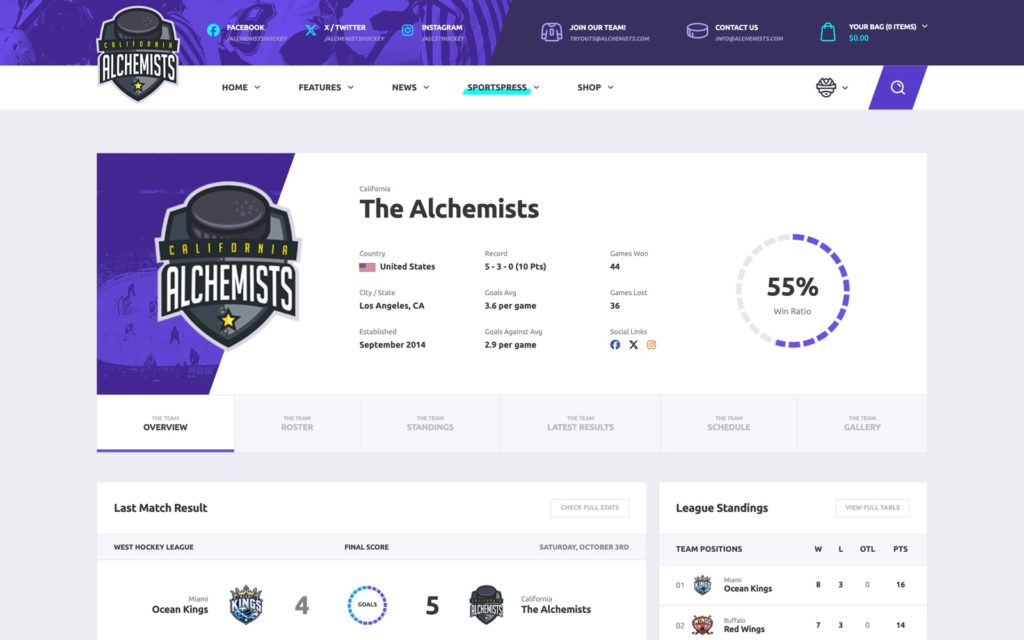 Hockey design: team page